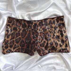 Womens Leopard Print Sequin Hot Pants Festival Rave Booty Shorts Brown Tan